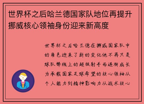 世界杯之后哈兰德国家队地位再提升挪威核心领袖身份迎来新高度